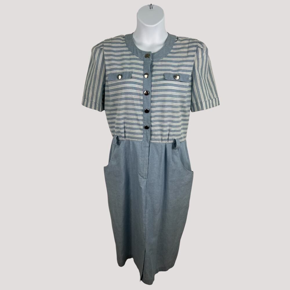 Vintage Periwinkle Blue Striped Shirt Dress Size 14 Midi‎ Pockets 80s 90s